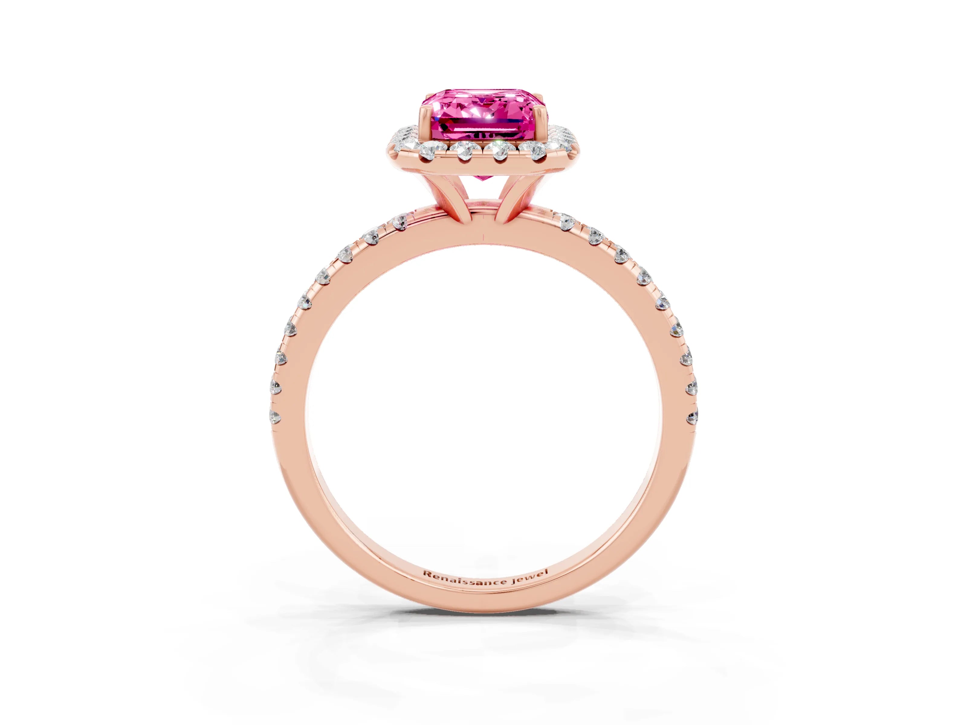 Rose gold Emerald Cut Halo Round Diamond Pavé Band Four-Prong Ring_3