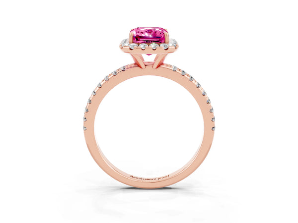 Rose gold Emerald Cut Pink Sapphire Halo Ring with Round Pavé Band and Prong Setting