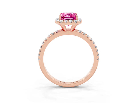 Rose gold Emerald Cut Halo Round Diamond Pavé Band Four-Prong Ring_3