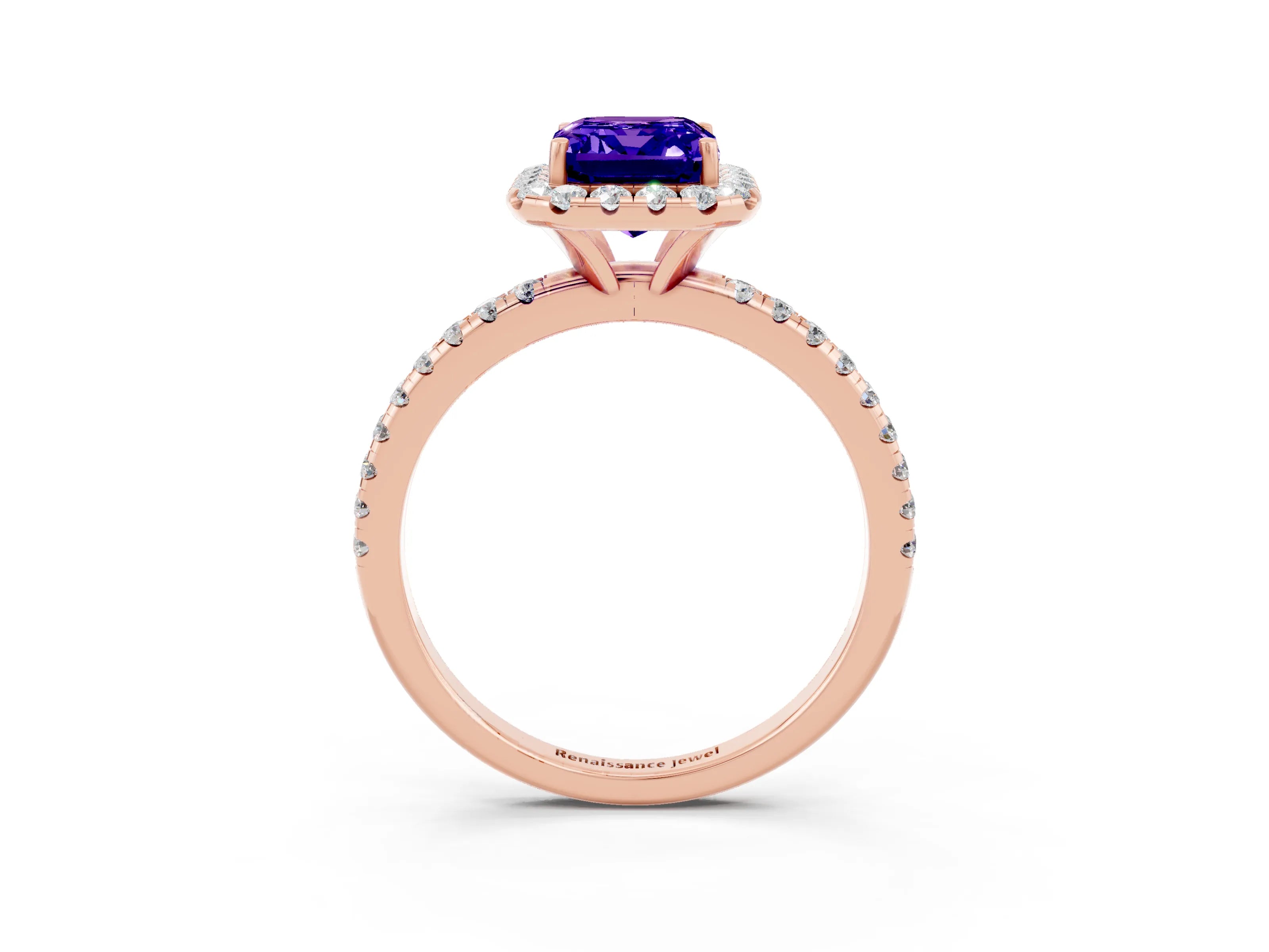 Rose gold Emerald Cut Halo Round Diamond Pavé Band Four-Prong Ring_3