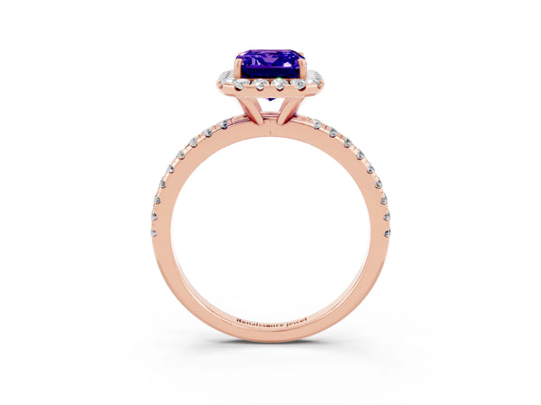 Rose gold Emerald Cut Tanzanite Halo Ring with Round Pavé Band and Prong Setting