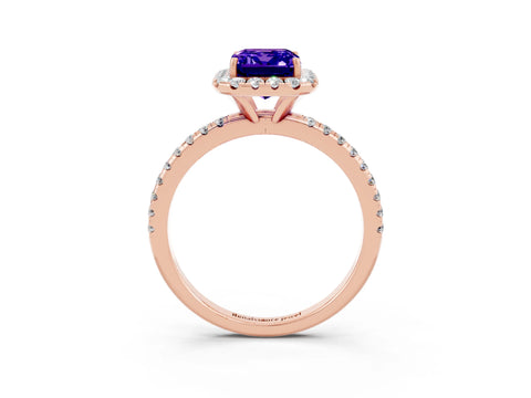 Rose gold Emerald Cut Halo Round Diamond Pavé Band Four-Prong Ring_3