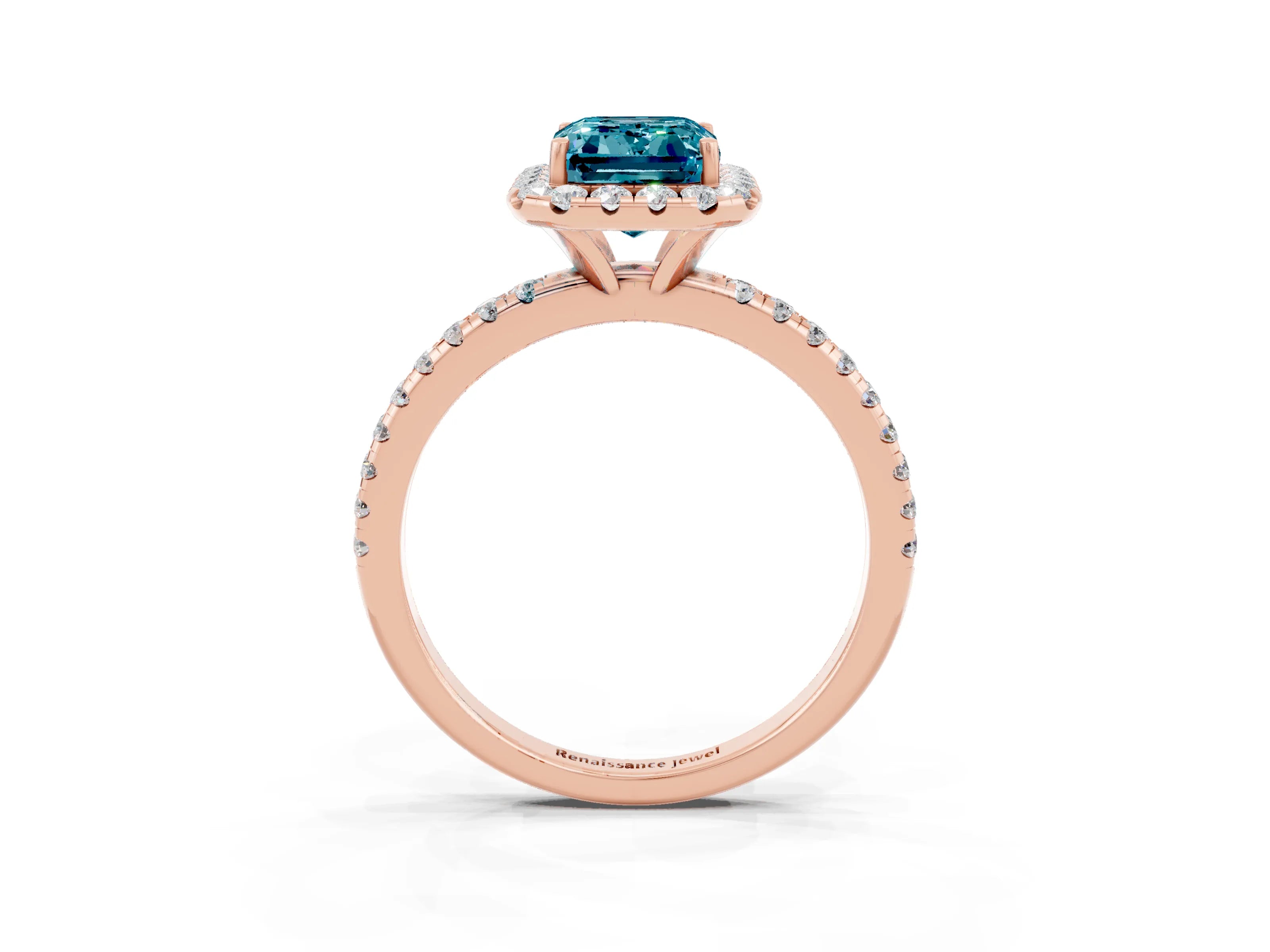 Rose gold Emerald Cut Halo Round Diamond Pavé Band Four-Prong Ring_3