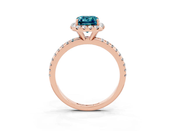 Rose gold Emerald Cut Halo Round Diamond Pavé Band Four-Prong Ring
