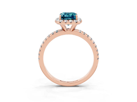 Rose gold Emerald Cut Halo Round Diamond Pavé Band Four-Prong Ring_3