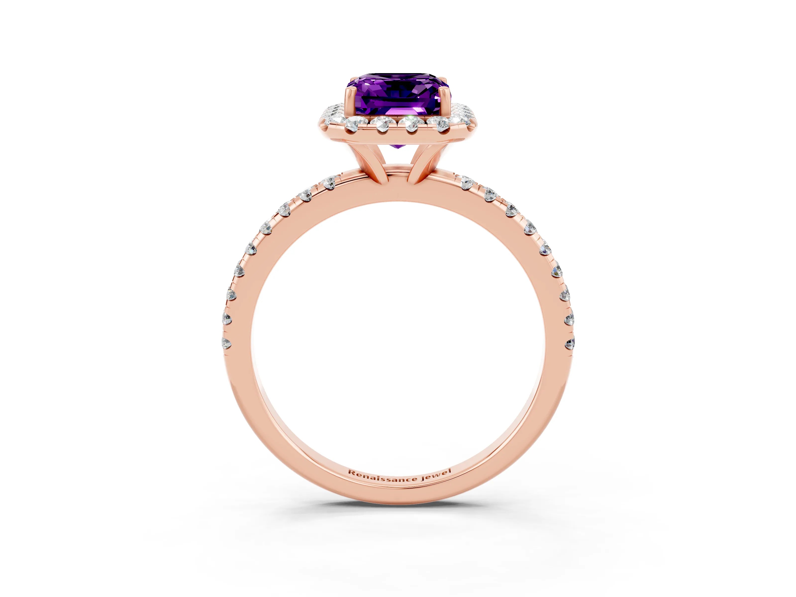 Rose gold Emerald Cut Halo Round Diamond Pavé Band Four-Prong Ring_3