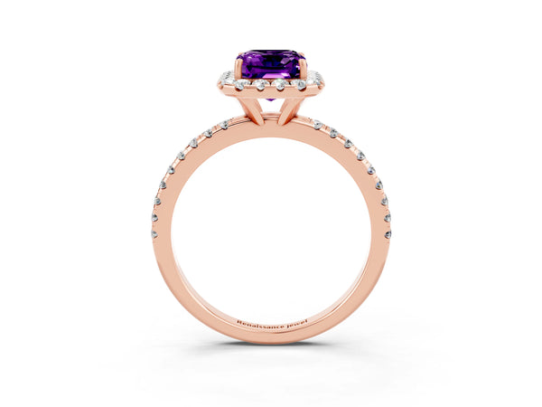 Rose gold Emerald Cut Amethyst Halo Ring with Round Pavé Band and Prong Setting