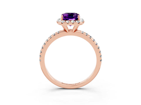Rose gold Emerald Cut Halo Round Diamond Pavé Band Four-Prong Ring_3