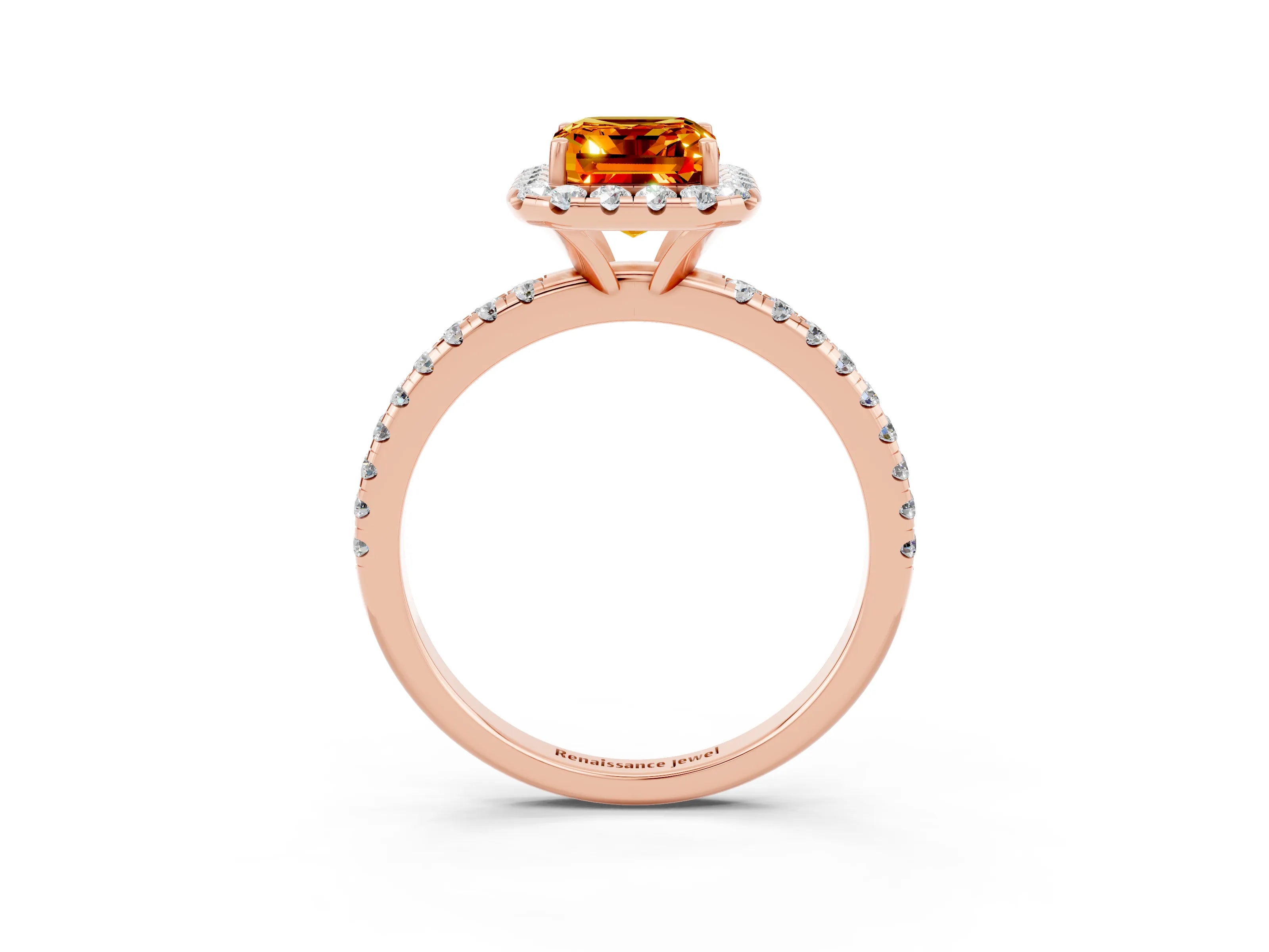 Rose gold Emerald Cut Halo Round Diamond Pavé Band Four-Prong Ring_3