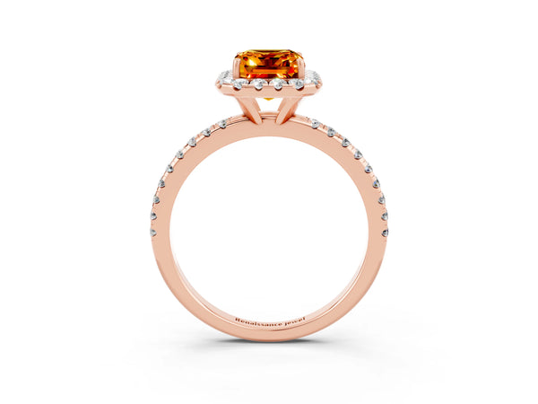 Rose gold Emerald Cut Citrine Halo Ring with Round Pavé Band and Prong Setting