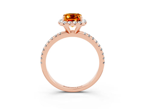 Rose gold Emerald Cut Halo Round Diamond Pavé Band Four-Prong Ring_3