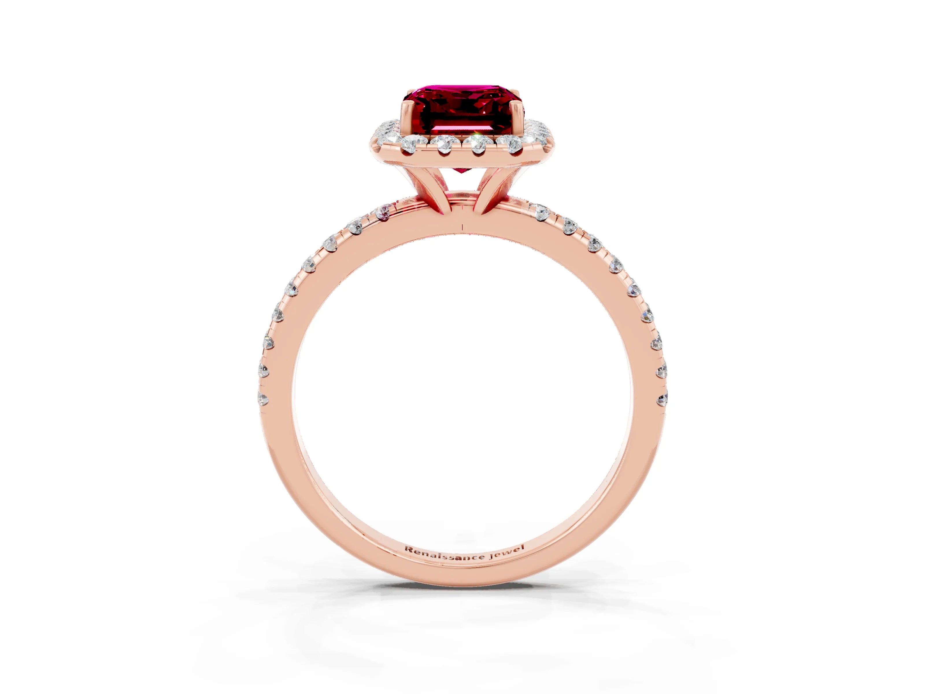 Rose gold Emerald Cut Halo Round Diamond Pavé Band Four-Prong Ring_3