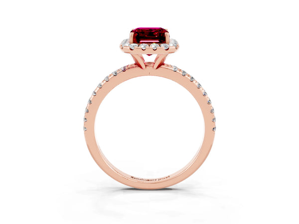 Rose gold Emerald Cut Garnet Halo Ring with Round Pavé Band and Prong Setting