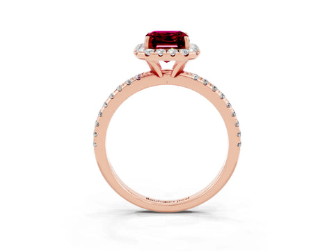 Rose gold Emerald Cut Halo Round Diamond Pavé Band Four-Prong Ring_3
