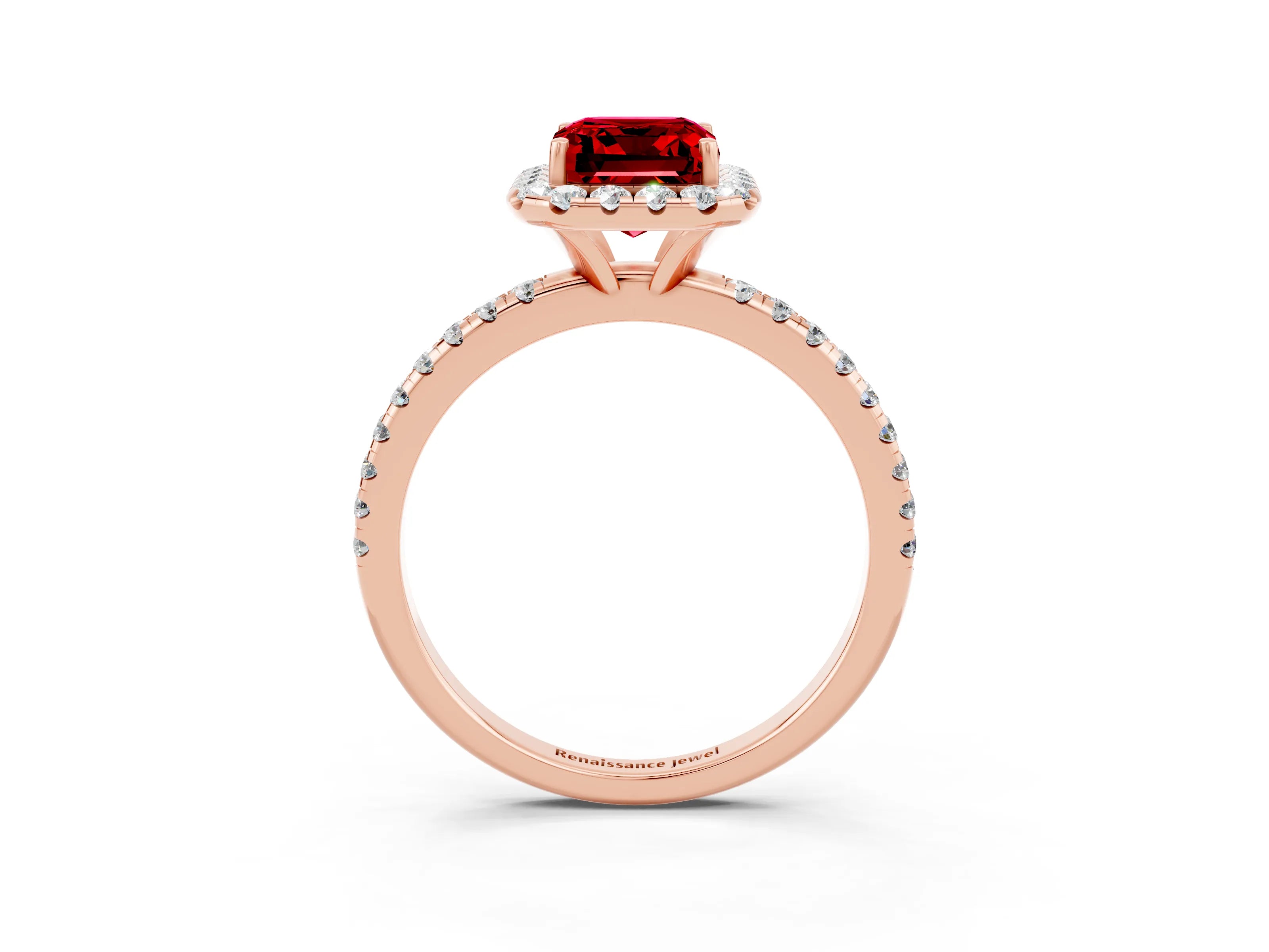 Rose gold Emerald Cut Halo Round Diamond Pavé Band Four-Prong Ring_3
