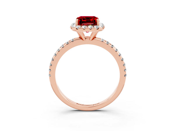 Rose gold Emerald Cut Halo Round Diamond Pavé Band Four-Prong Ring