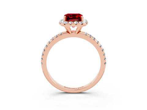 Rose gold Emerald Cut Halo Round Diamond Pavé Band Four-Prong Ring_3