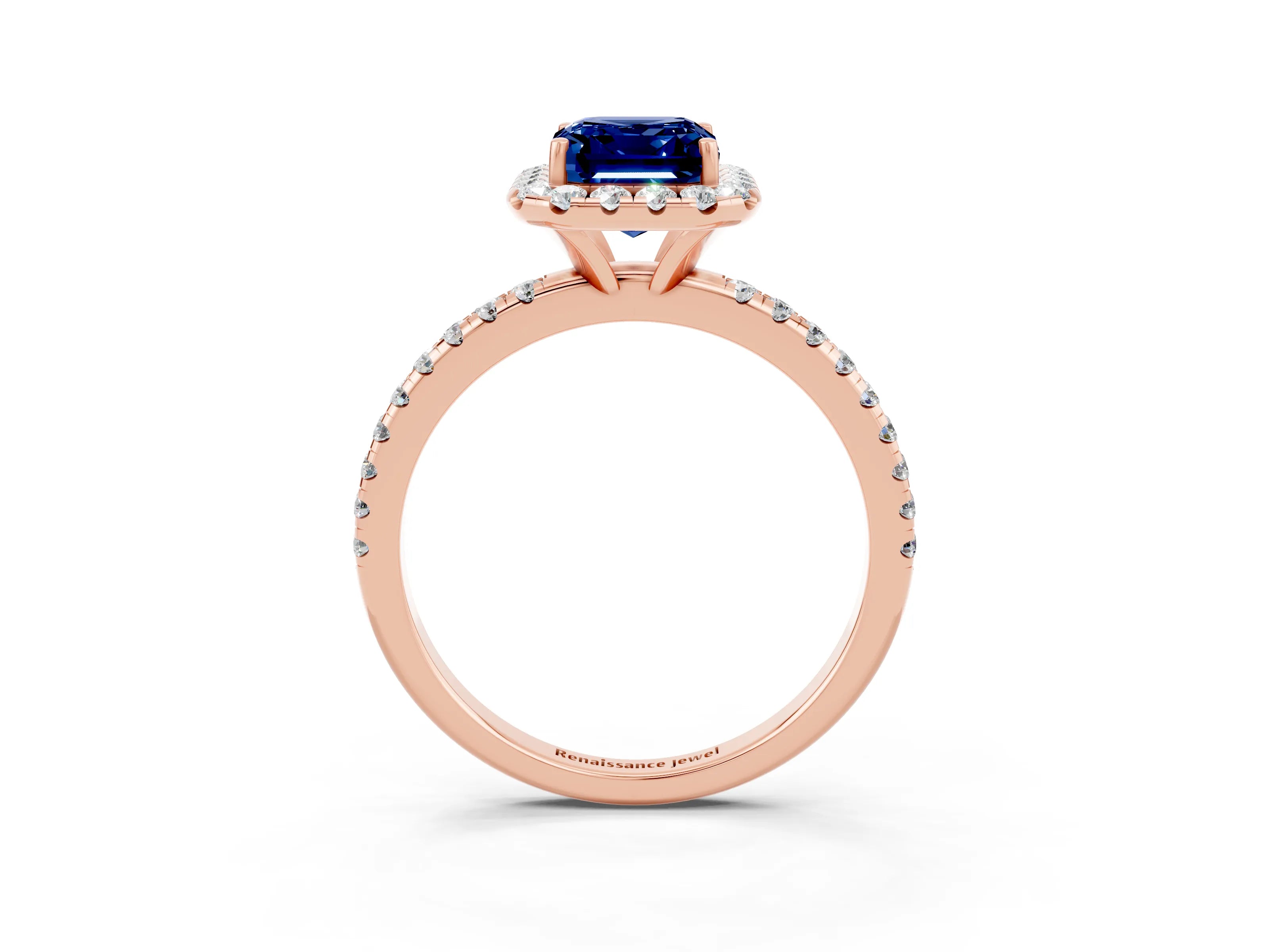 Rose gold Emerald Cut Halo Round Diamond Pavé Band Four-Prong Ring_3