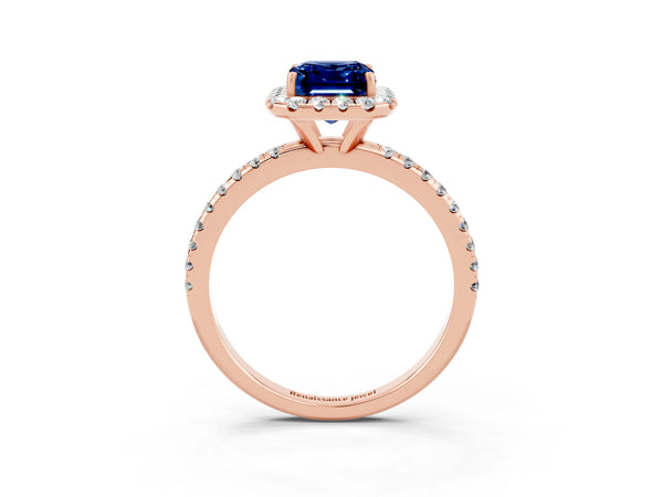 Rose gold Emerald Cut Blue Sapphire Halo Ring with Round Pavé Band and Prong Setting