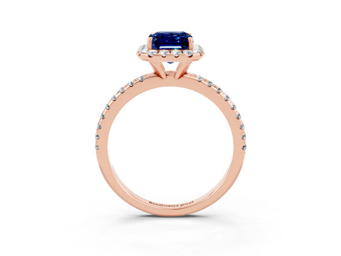 Rose gold Emerald Cut Halo Round Diamond Pavé Band Four-Prong Ring_3