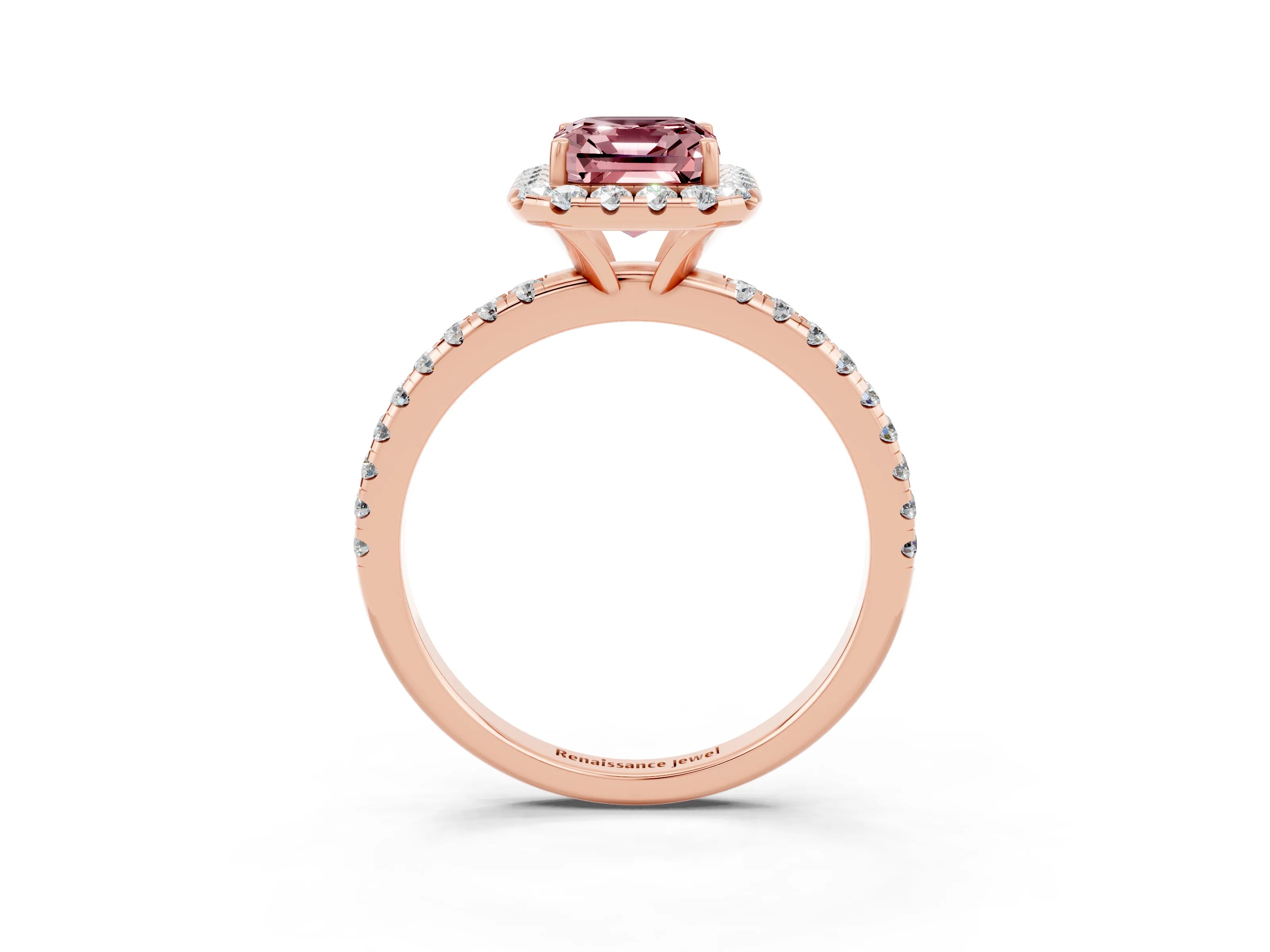 Rose gold Emerald Cut Halo Round Diamond Pavé Band Four-Prong Ring_3