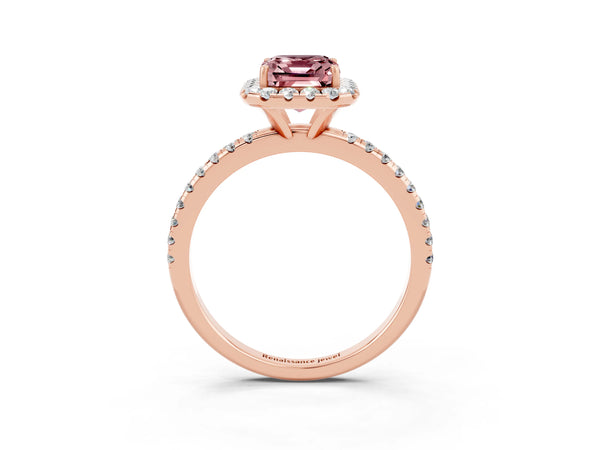 Rose gold Emerald Cut Halo Round Diamond Pavé Band Four-Prong Ring