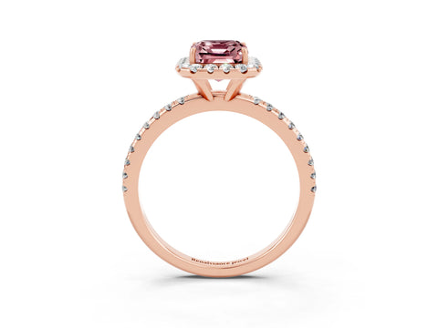 Rose gold Emerald Cut Halo Round Diamond Pavé Band Four-Prong Ring_3