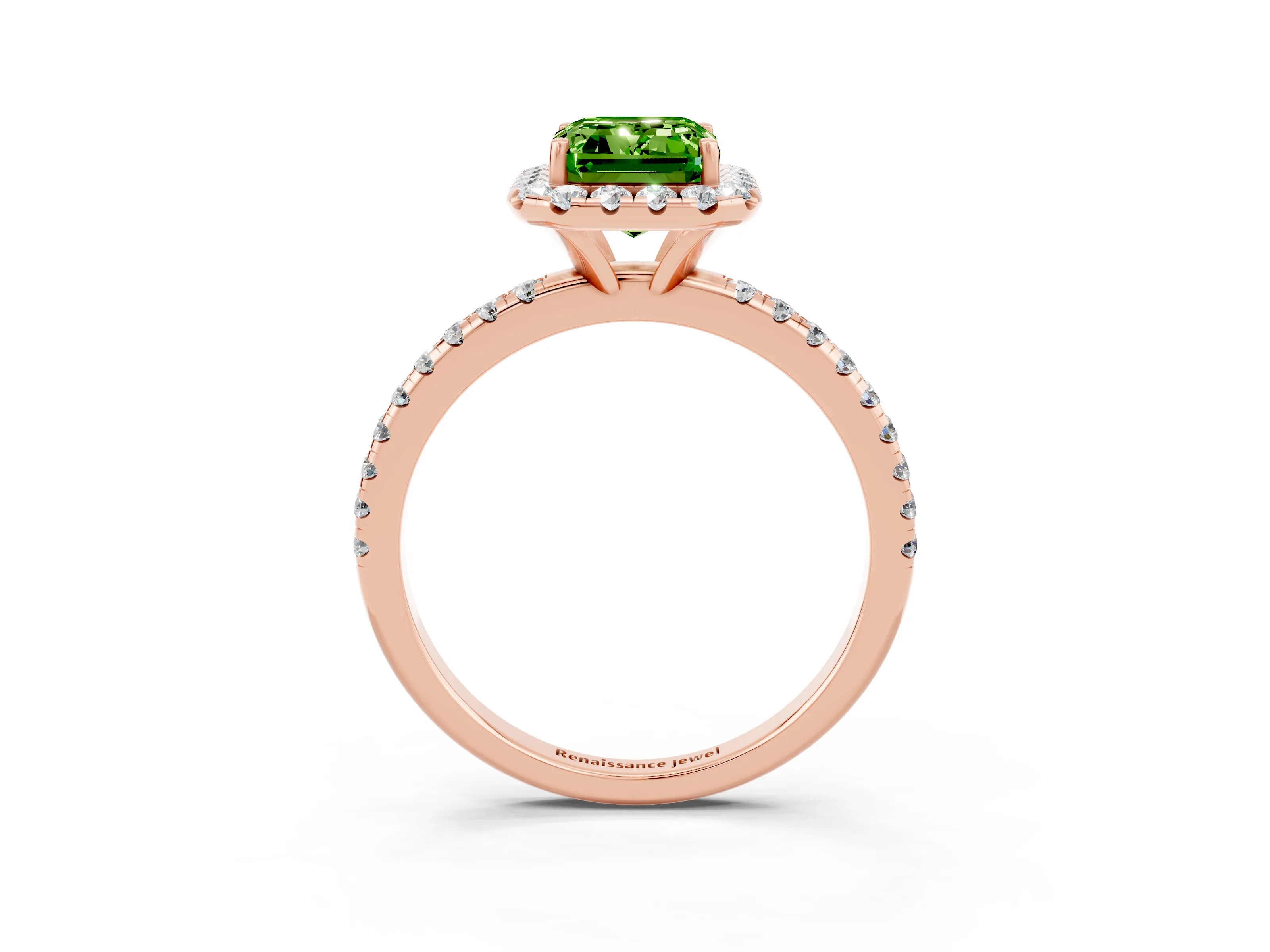 Rose gold Emerald Cut Halo Round Diamond Pavé Band Four-Prong Ring_3