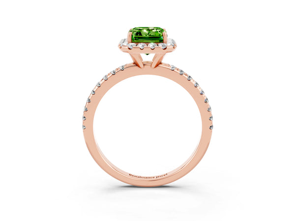 Rose gold Emerald Cut Halo Round Diamond Pavé Band Four-Prong Ring