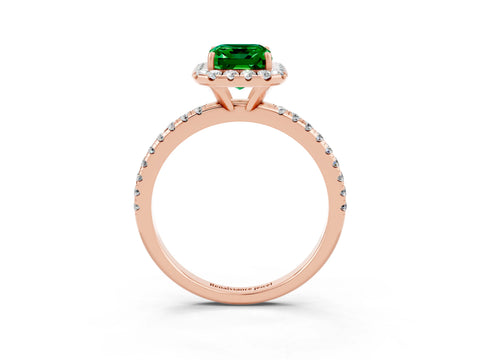 Rose gold Emerald Cut Halo Round Diamond Pavé Band Four-Prong Ring_3