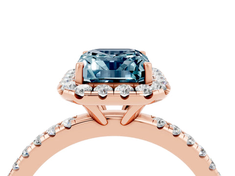 Rose gold Emerald Cut Halo Round Diamond Pavé Band Four-Prong Ring_4