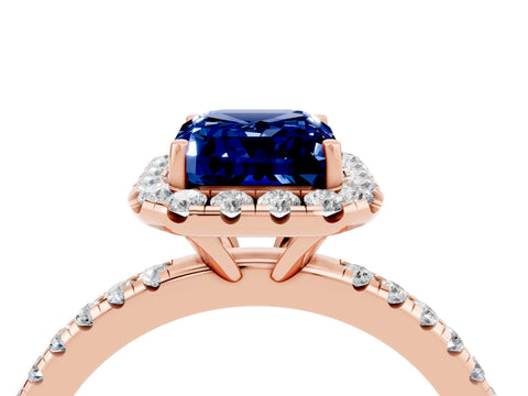Rose gold Emerald Cut Halo Round Diamond Pavé Band Four-Prong Ring_4