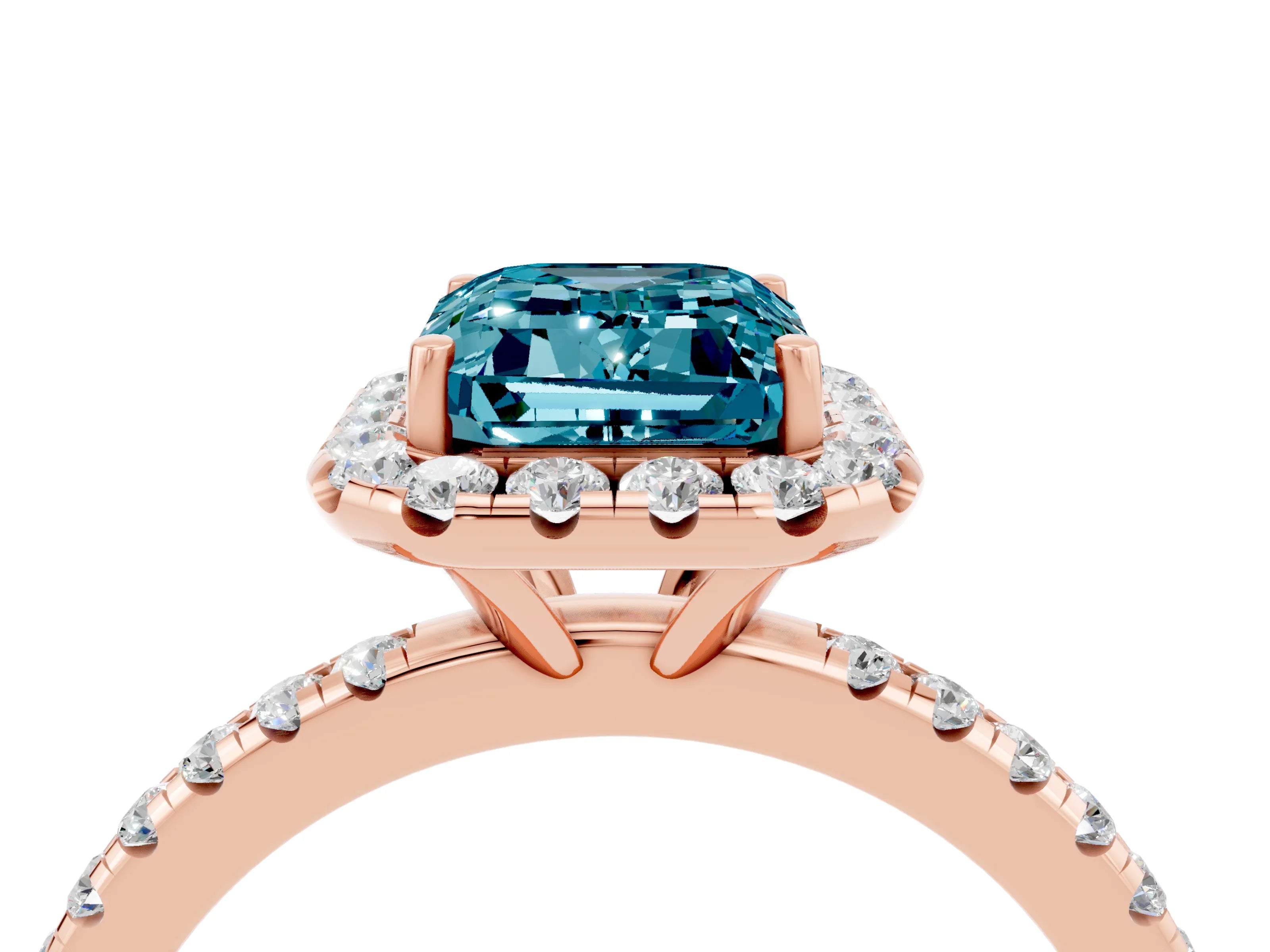 Rose gold Emerald Cut Halo Round Diamond Pavé Band Four-Prong Ring_4