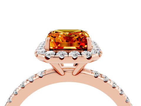 Rose gold Emerald Cut Halo Round Diamond Pavé Band Four-Prong Ring_4