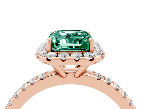 Rose gold Emerald Cut Halo Round Diamond Pavé Band Four-Prong Ring_4