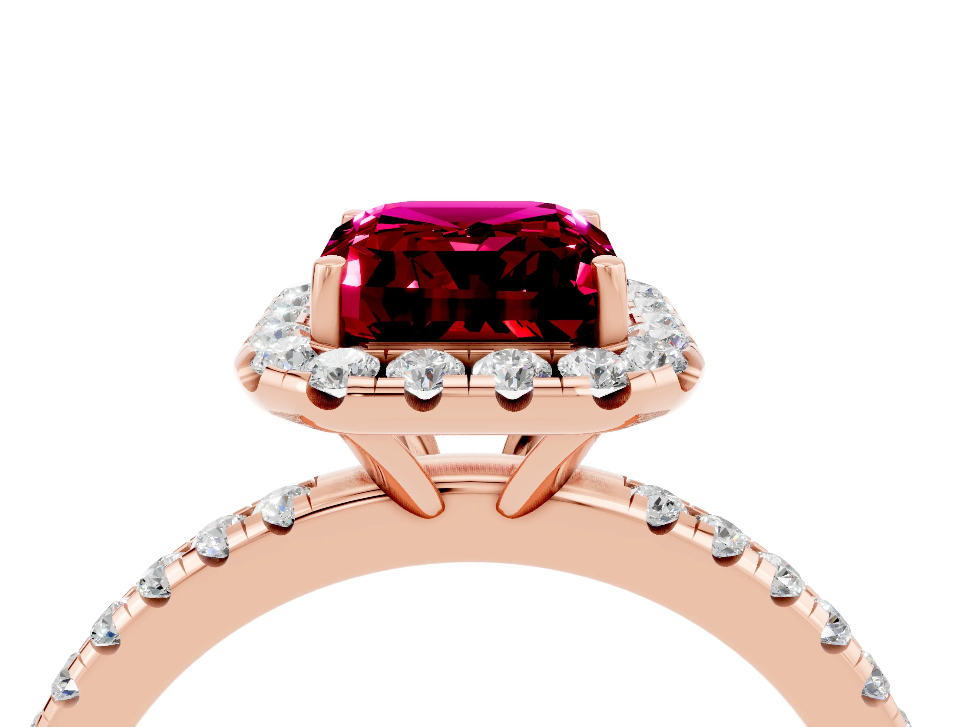 Rose gold Emerald Cut Halo Round Diamond Pavé Band Four-Prong Ring_4