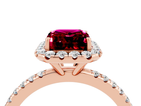Rose gold Emerald Cut Halo Round Diamond Pavé Band Four-Prong Ring_4