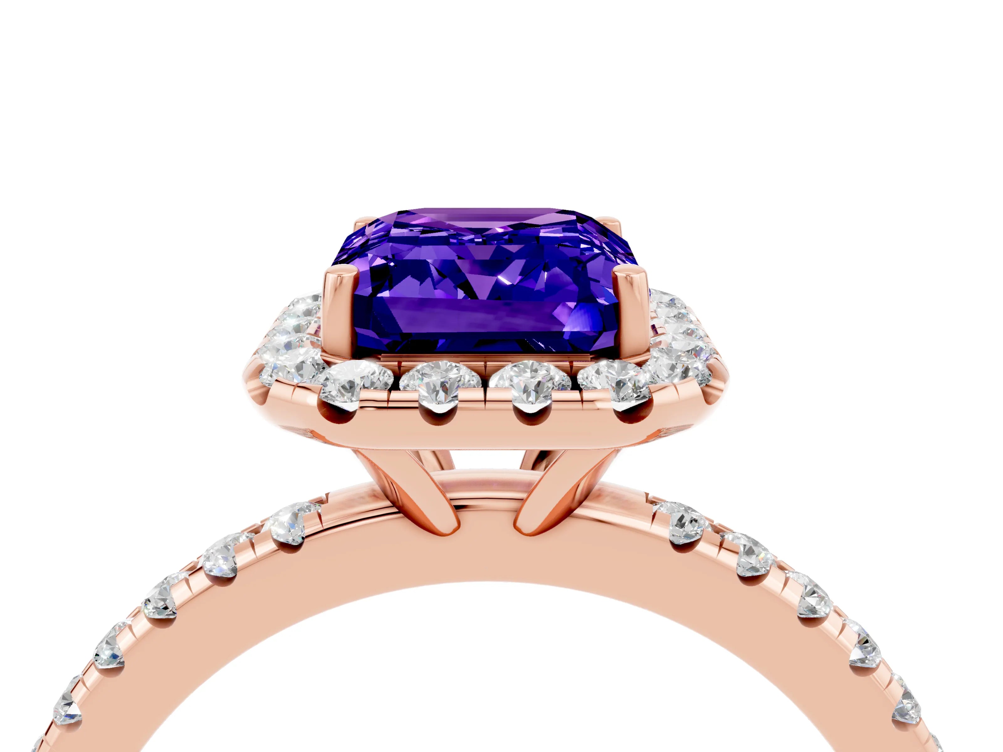 Rose gold Emerald Cut Halo Round Diamond Pavé Band Four-Prong Ring_4