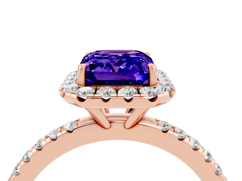 Rose gold Emerald Cut Halo Round Diamond Pavé Band Four-Prong Ring_4