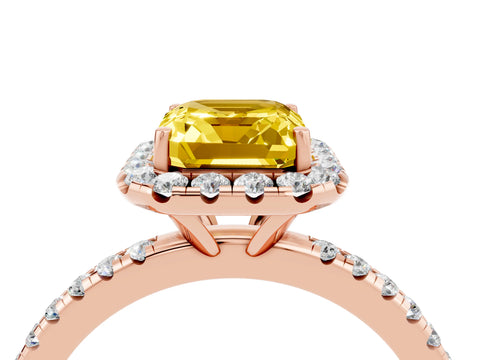 Rose gold Emerald Cut Halo Round Diamond Pavé Band Four-Prong Ring_4