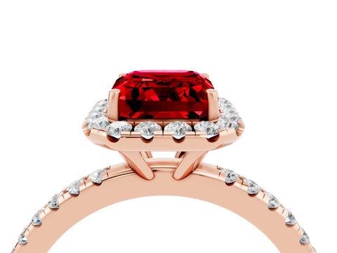 Rose gold Emerald Cut Halo Round Diamond Pavé Band Four-Prong Ring_4