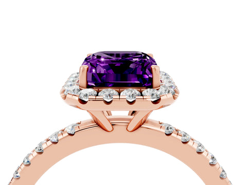 Rose gold Emerald Cut Halo Round Diamond Pavé Band Four-Prong Ring_4