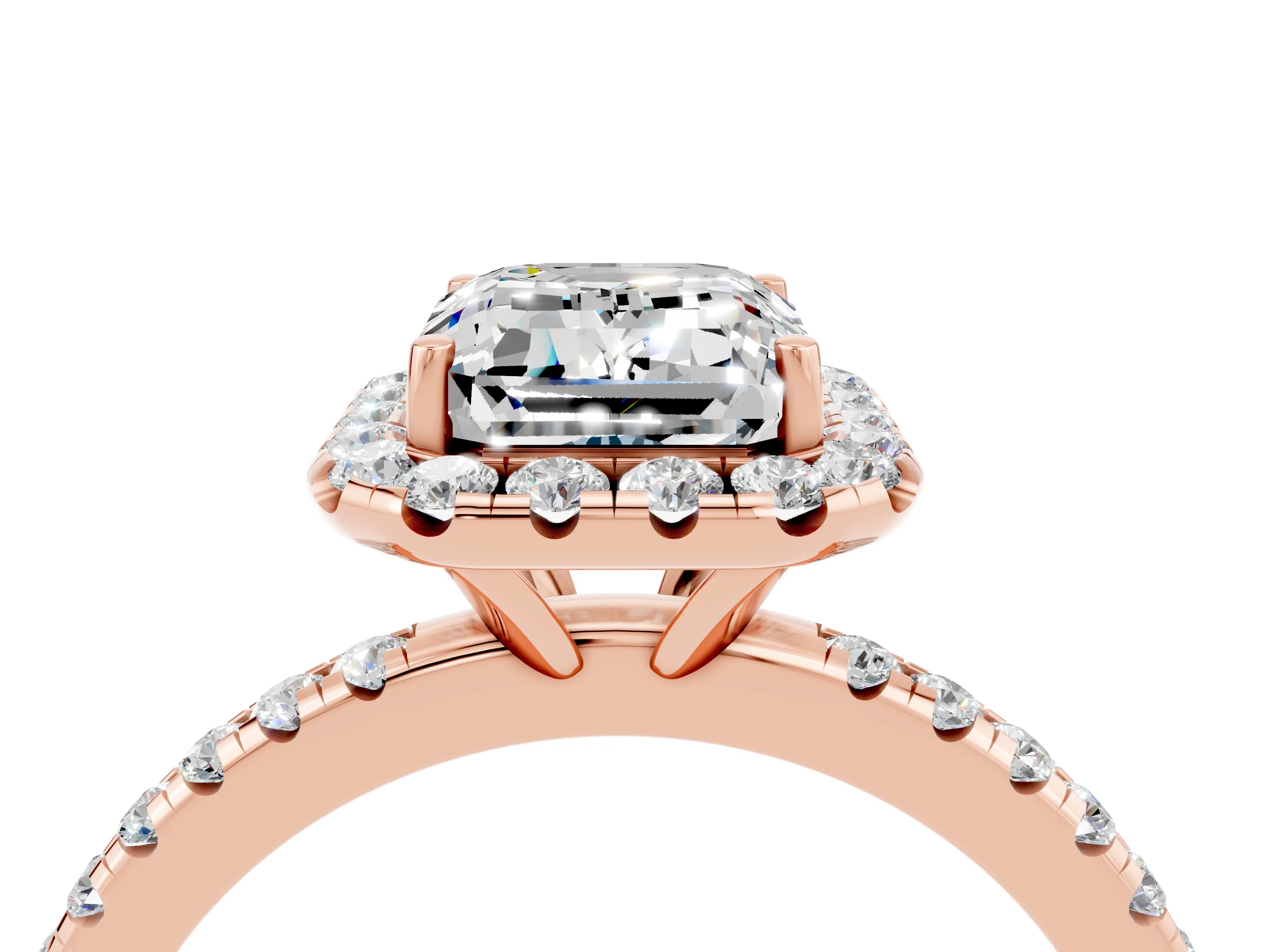Rose gold Emerald Cut Halo Round Diamond Pavé Band Four-Prong Ring_4