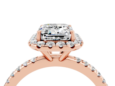Rose gold Emerald Cut Halo Round Diamond Pavé Band Four-Prong Ring_4