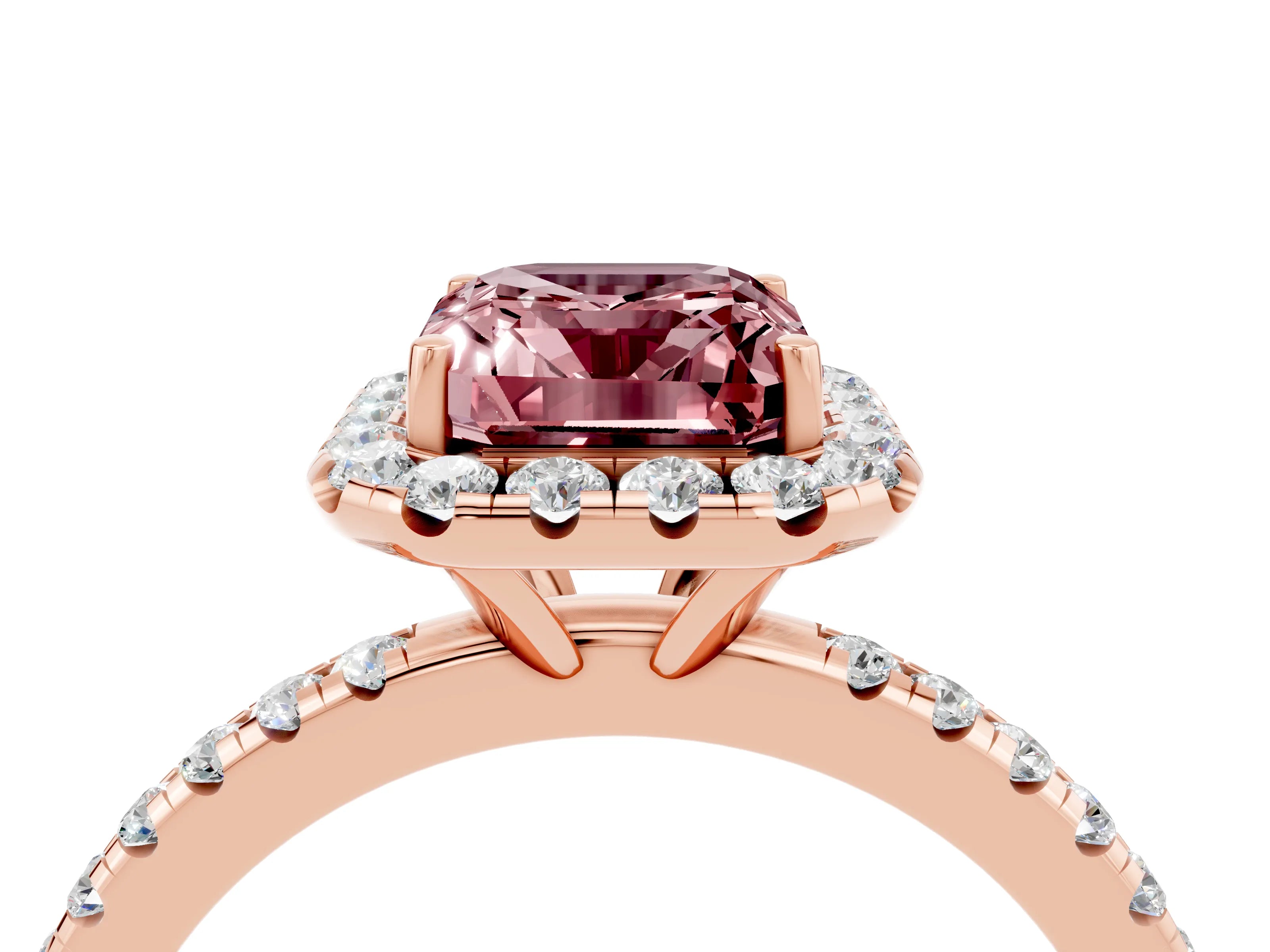 Rose gold Emerald Cut Halo Round Diamond Pavé Band Four-Prong Ring_4