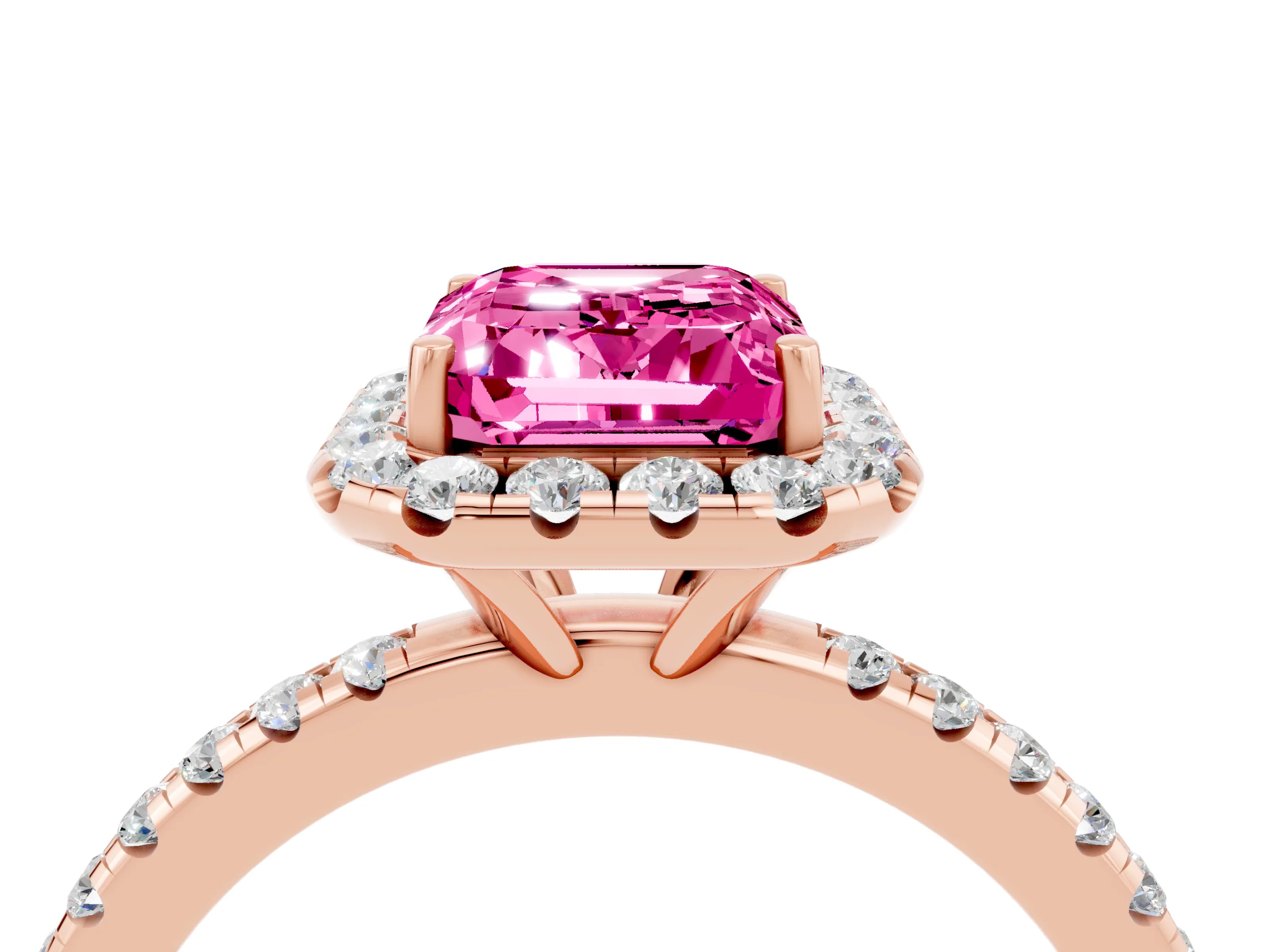 Rose gold Emerald Cut Halo Round Diamond Pavé Band Four-Prong Ring_4