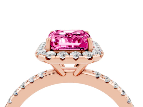 Rose gold Emerald Cut Halo Round Diamond Pavé Band Four-Prong Ring_4