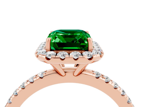 Rose gold Emerald Cut Halo Round Diamond Pavé Band Four-Prong Ring_4
