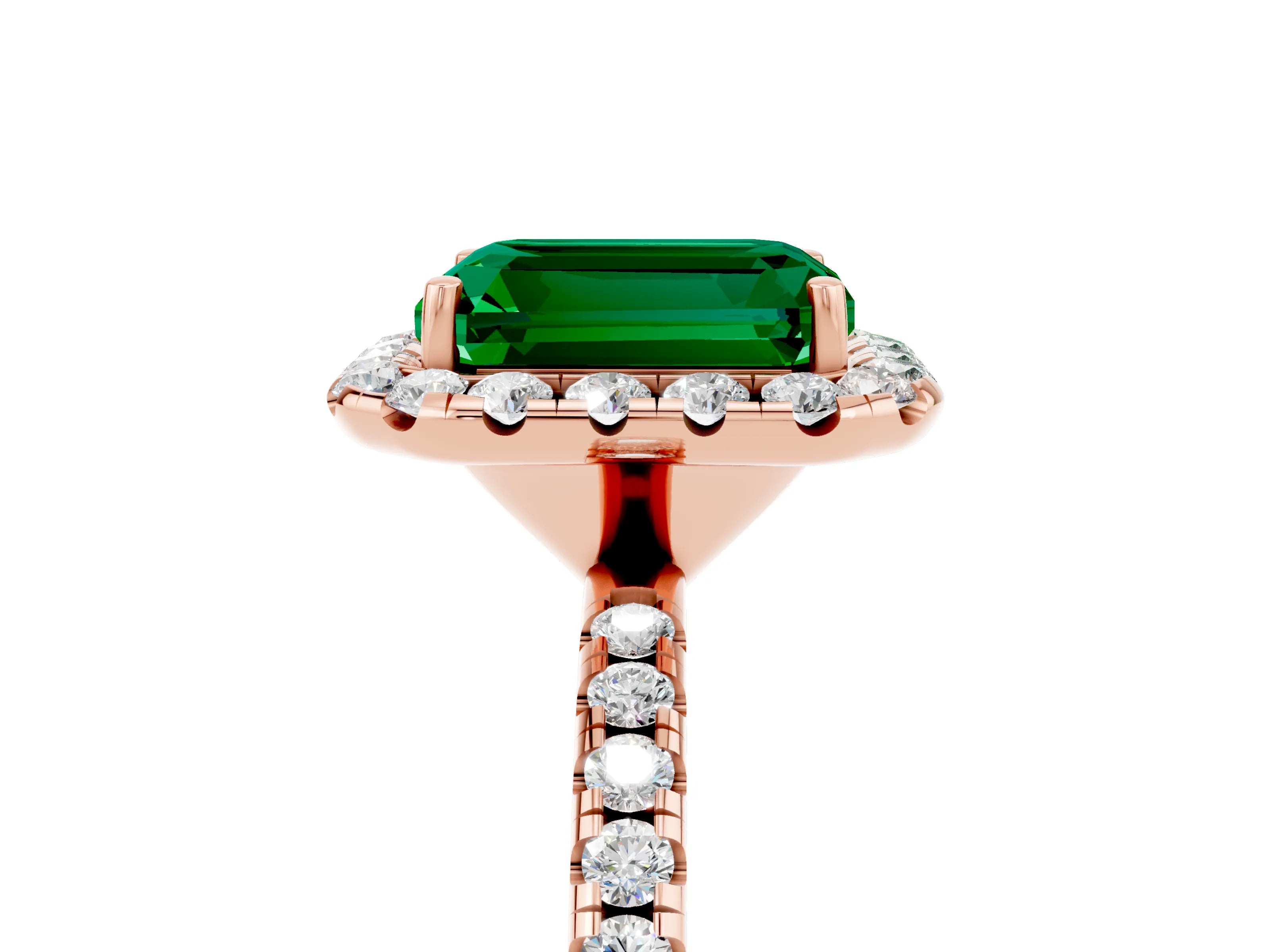 Rose gold Emerald Cut Halo Round Diamond Pavé Band Four-Prong Ring_5