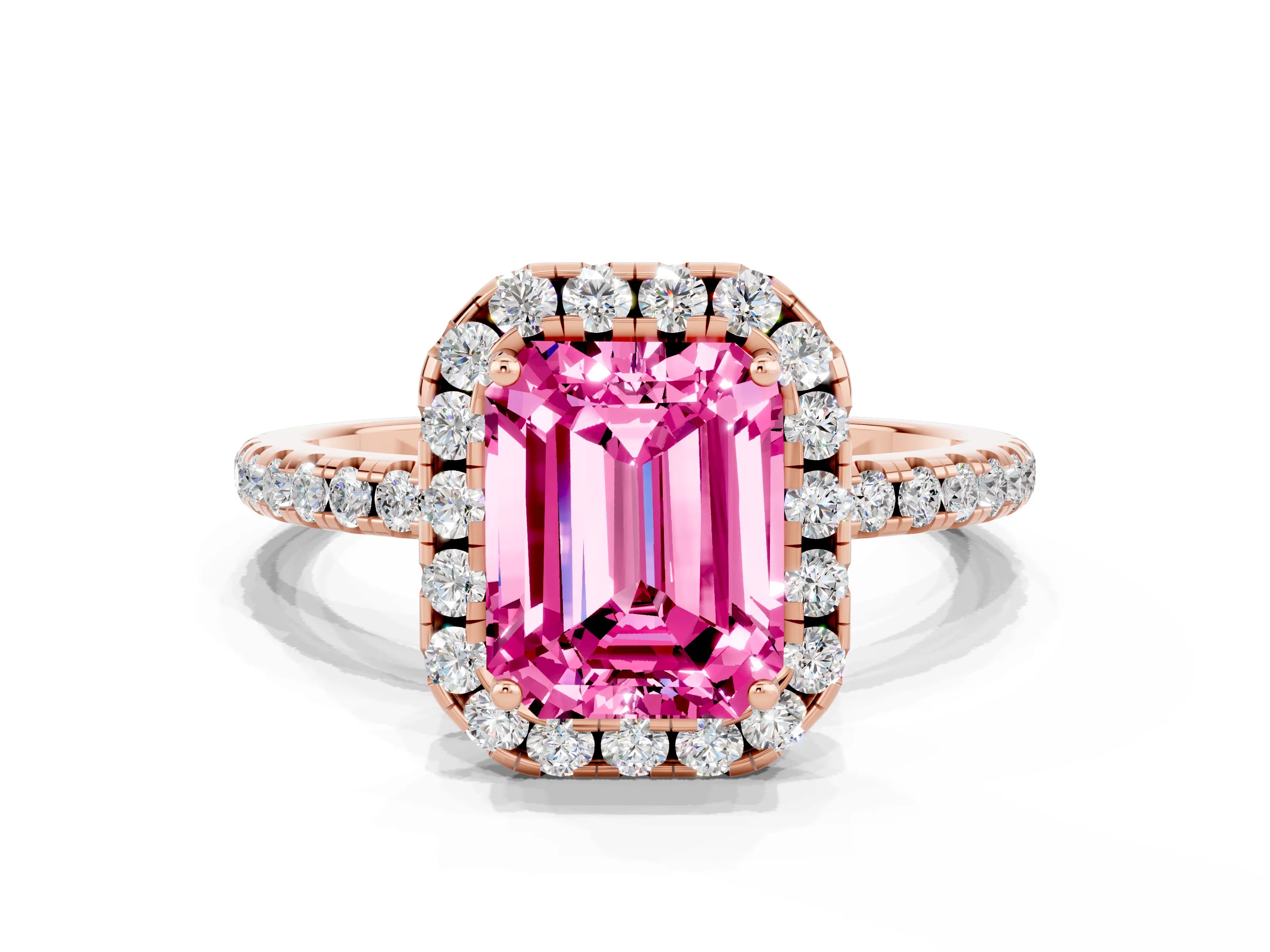 Rose gold Emerald Cut Halo Round Diamond Pavé Band Four-Prong Ring